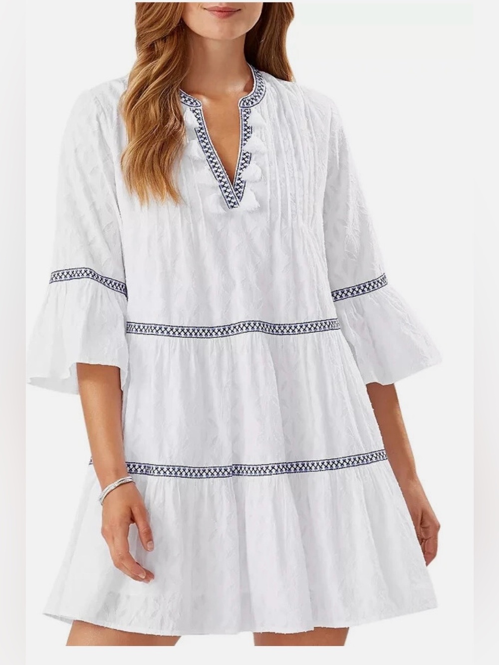 Tommy Bahama Women’s Embroidered White /Navy Tiered Cotton Mini Dress Size S/P - Picture 1 of 13